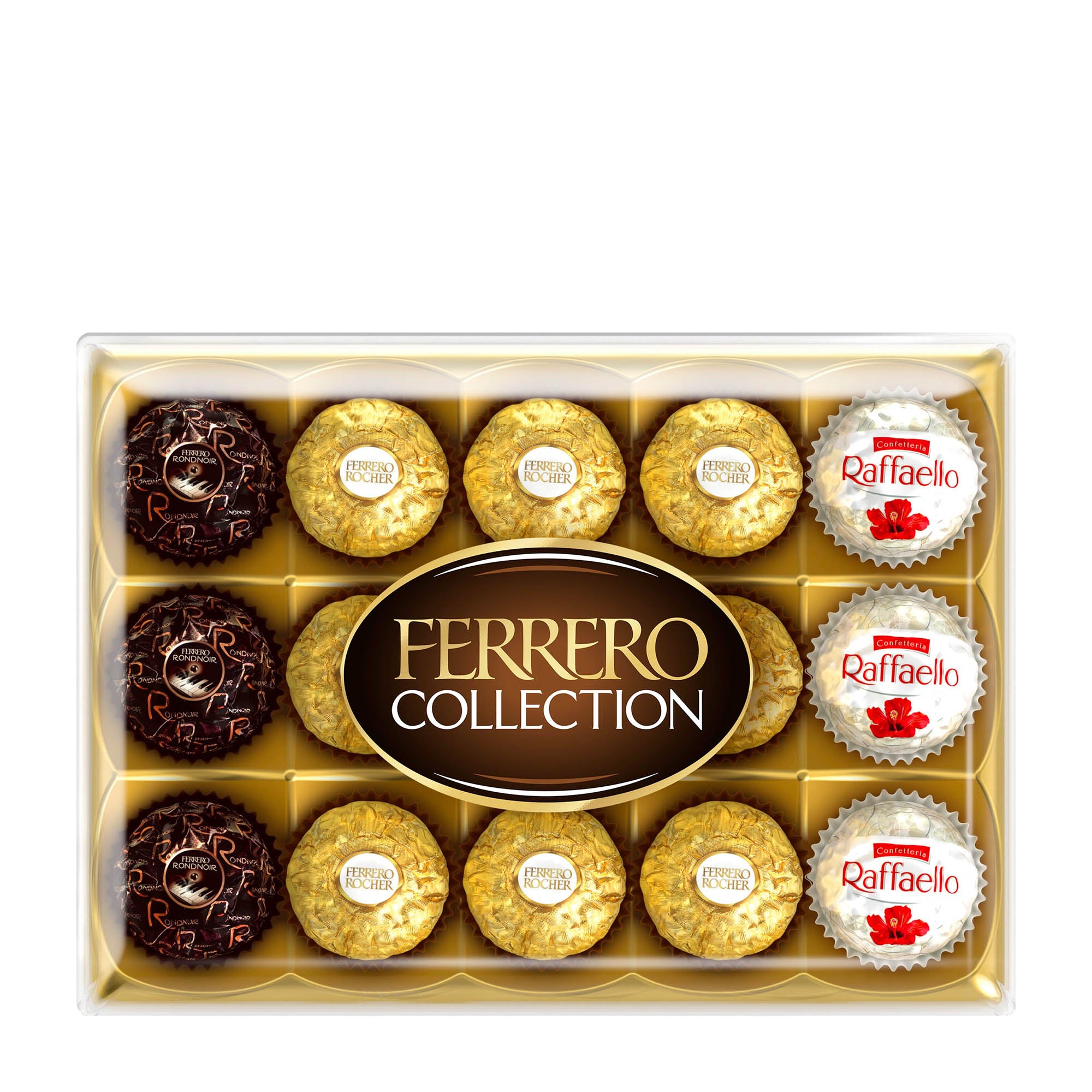 A gift box containing 15 individually wrapped Ferrero Collection pralines, featuring three varieties of Ferrero Rondnoir and Ferrero Rocher balls, along with Raffaello confectionery.