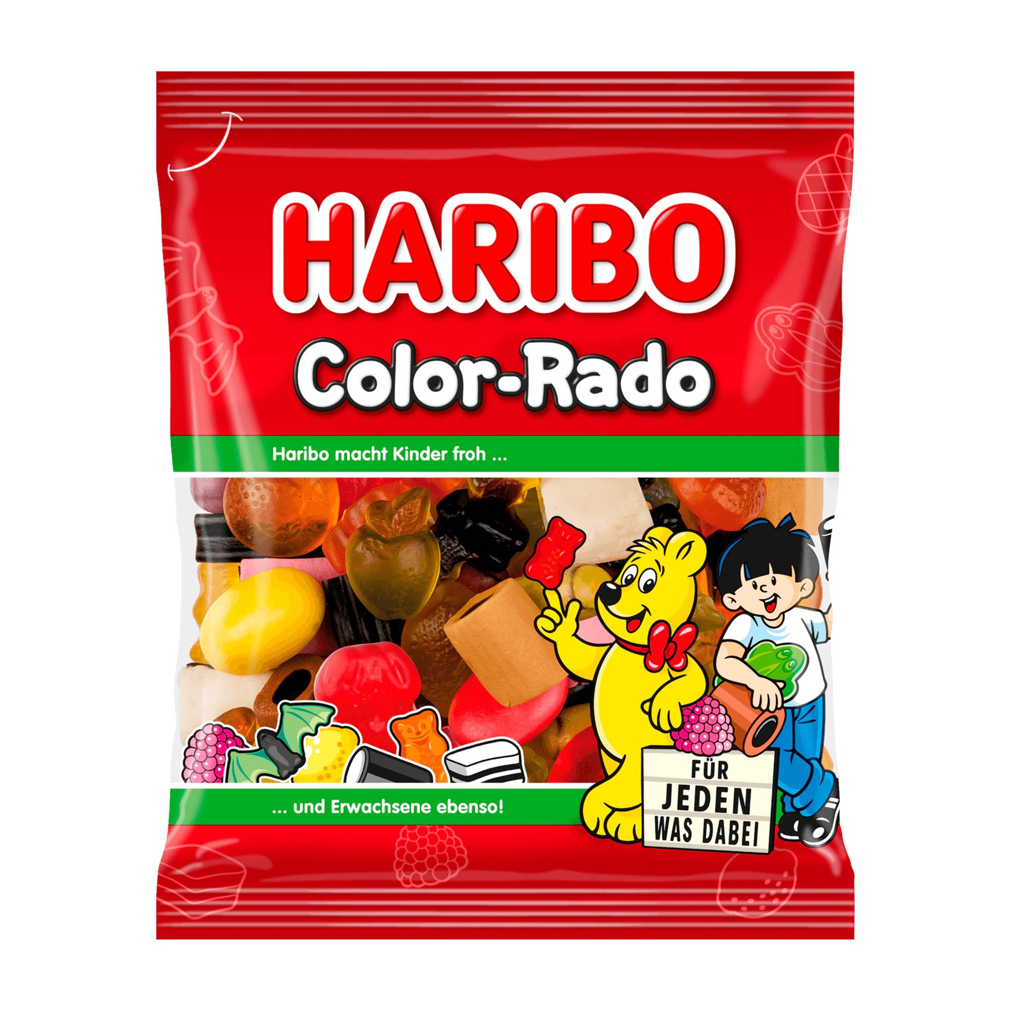 Packaging of Haribo Color-Rado gummy candy, featuring a variety of colorful candies such as licorice, fruit gum, and marshmallow, with a cartoon bear character on the front.