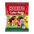 Packaging of Haribo Color-Rado Mini Candy, featuring a variety of colorful gummy candies such as licorice, cocoa, raspberry, apple, and lemon flavored gummies, presented in a green and red wrapper with cartoon characters and the brand logo.