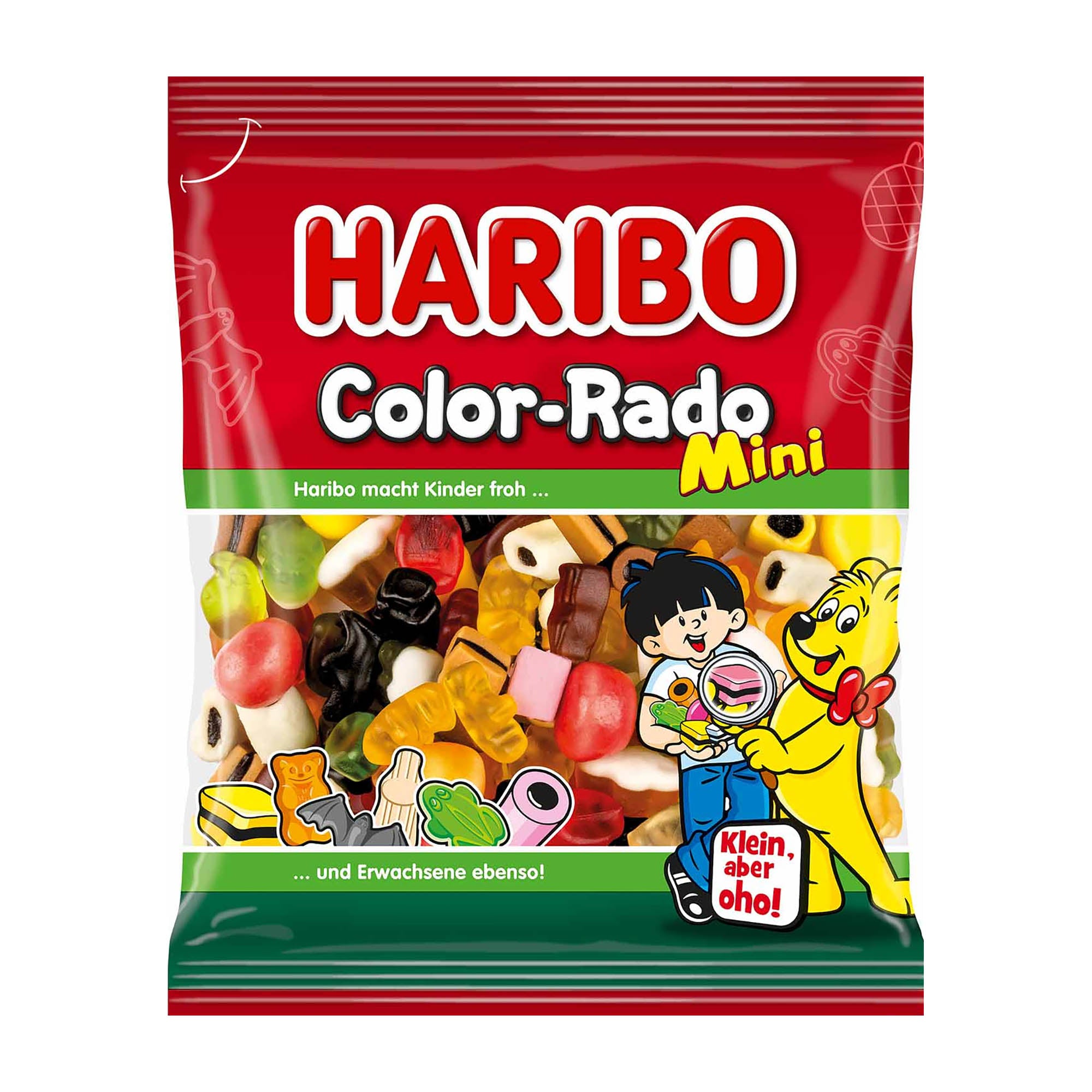 Packaging of Haribo Color-Rado Mini Candy, featuring a variety of colorful gummy candies such as licorice, cocoa, raspberry, apple, and lemon flavored gummies, presented in a green and red wrapper with cartoon characters and the brand logo.