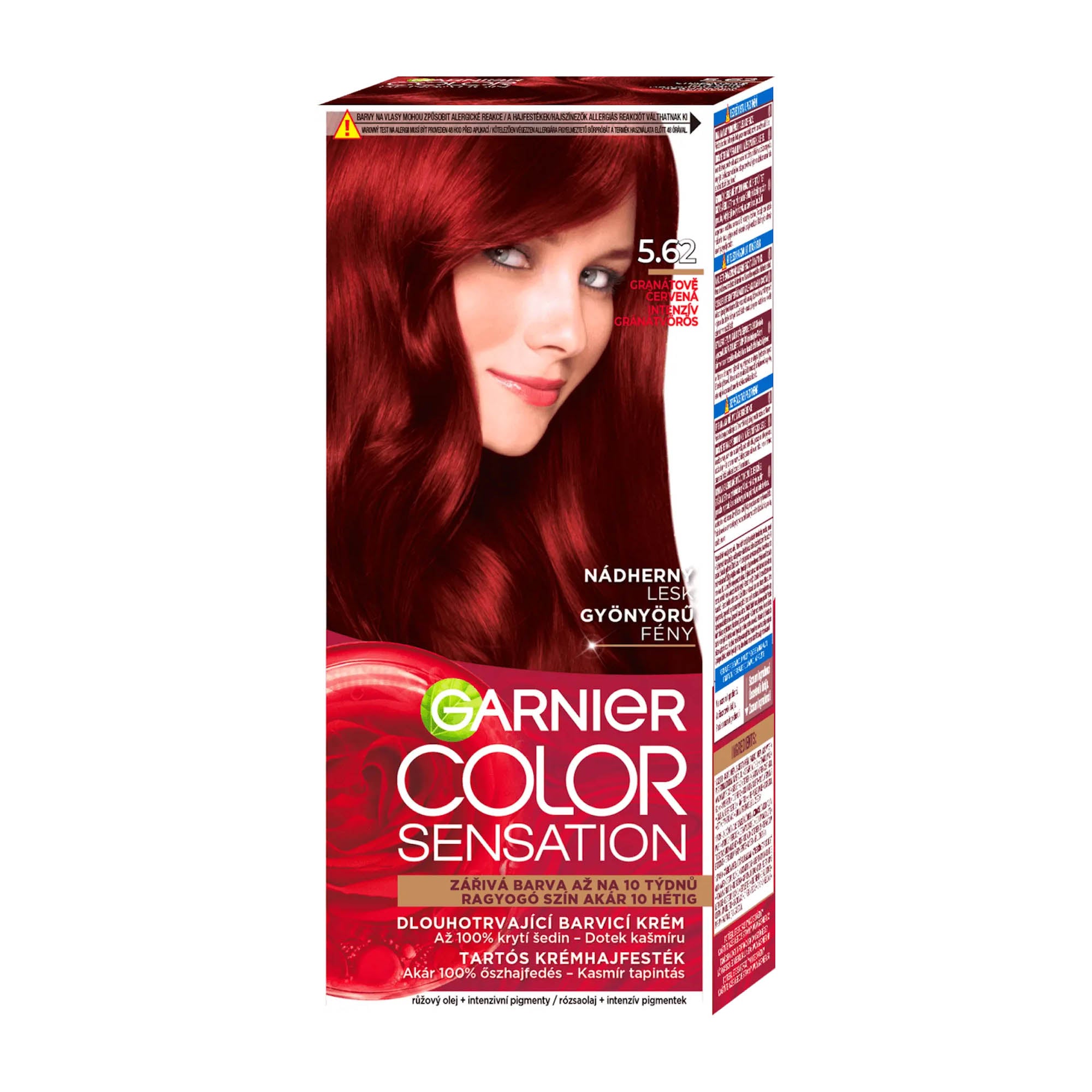 A box of Garnier Color Sensation hair color cream in Intense Garnet Red (5.62) with a picture of a woman showing the hair color.