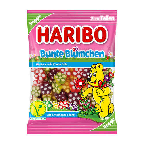 Haribo Colorful Flowers Bunte Blumchen candy package with a cartoon bear holding flowers on a white background