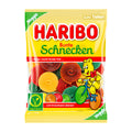 A package of Haribo Colorful Snails Fruit Gummy Candy featuring the brand's cartoon logo and displaying the candy in rolled snail shapes with a variety of colors.