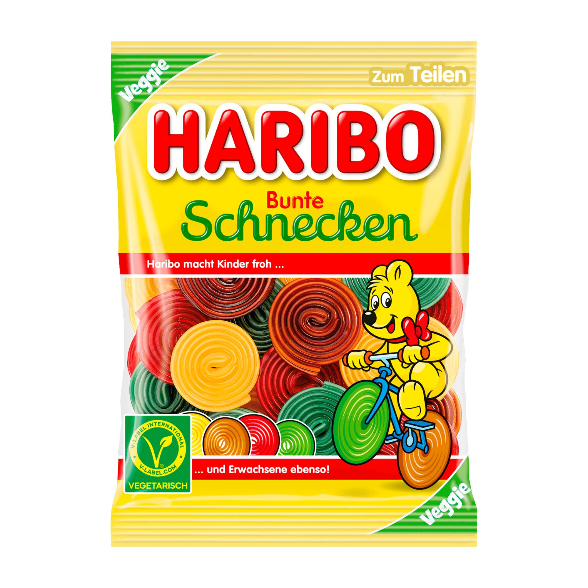 A package of Haribo Colorful Snails Fruit Gummy Candy featuring the brand's cartoon logo and displaying the candy in rolled snail shapes with a variety of colors.