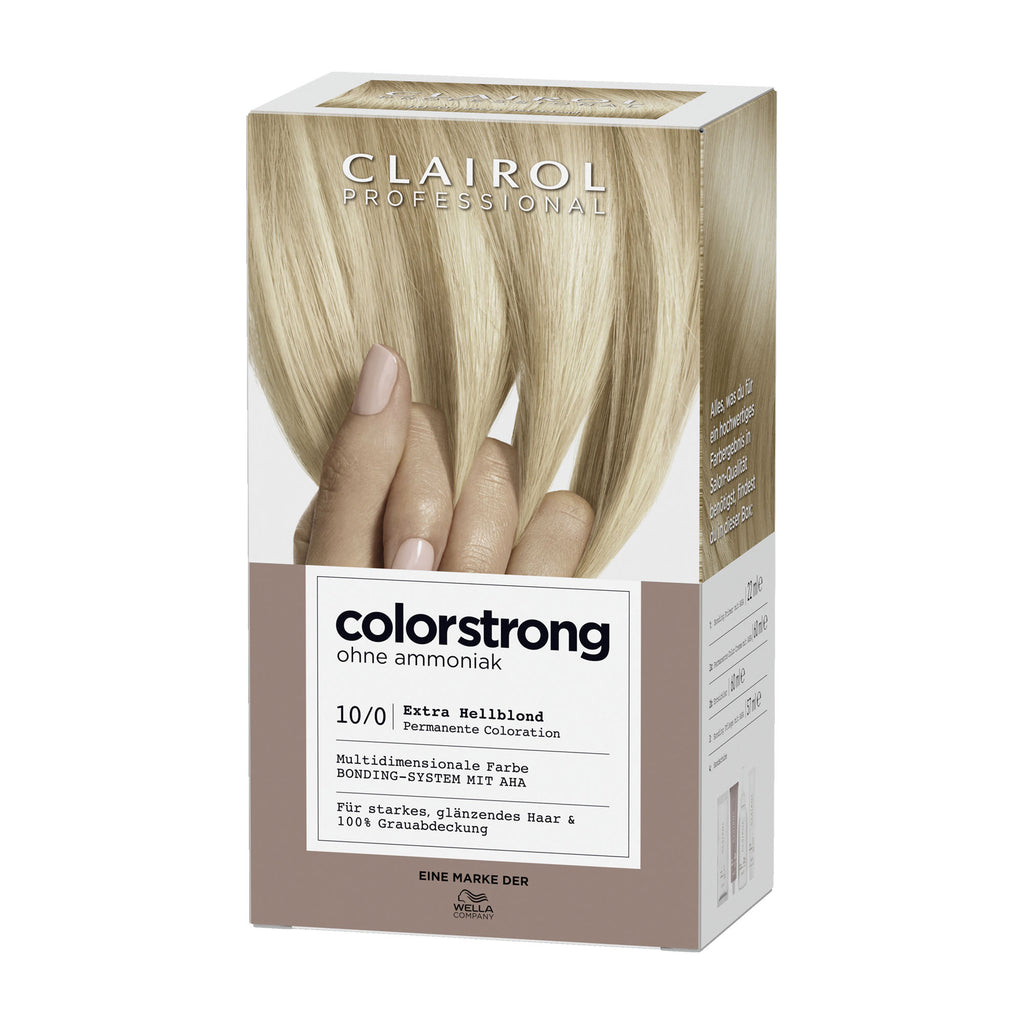 Clairol Professional Colorstrong 10/0 Extra Light Blonde hair color box with blonde hair and hand on a white background