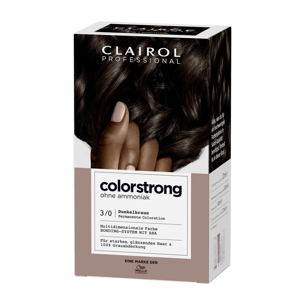 Clairol Professional Colorstrong 3/0 Dark Brown hair color box with a hand holding dark hair.