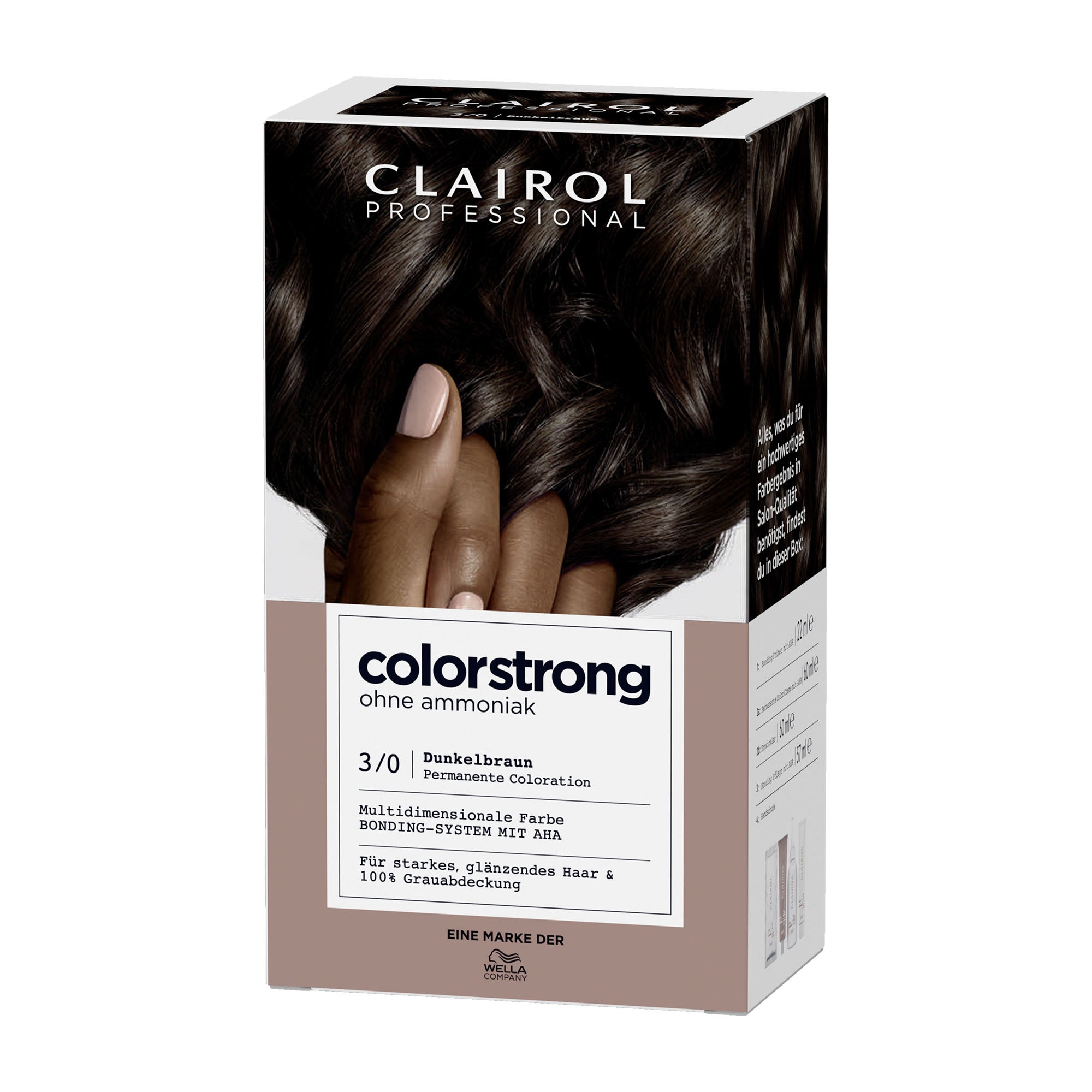 Clairol Professional Colorstrong 3/0 Dark Brown hair color box with a hand holding dark hair.