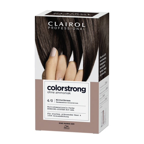 Clairol Professional Colorstrong hair color box with brown hair and hands on a white background