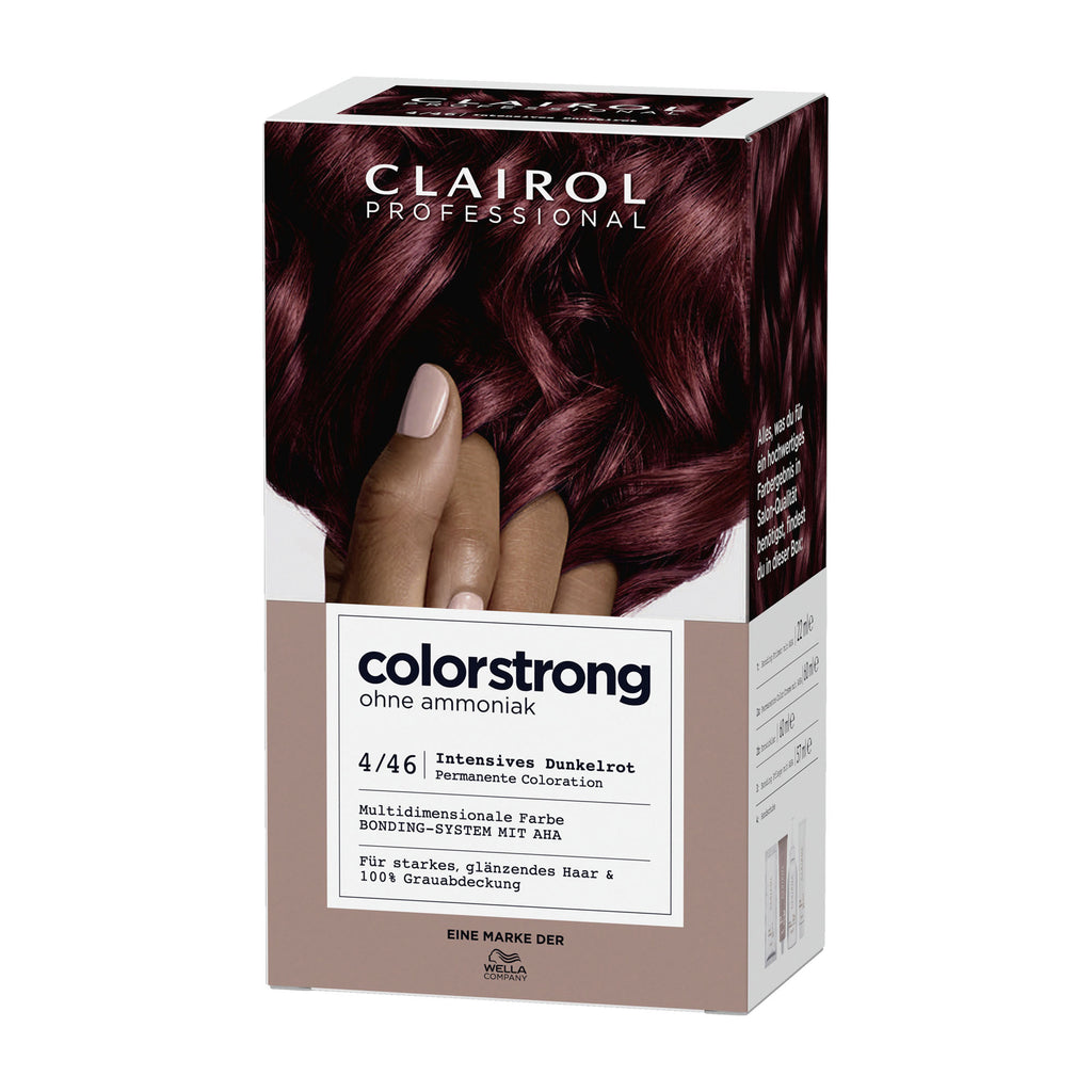Clairol Professional ColorStrong hair color box with a hand showing dark red hair.
