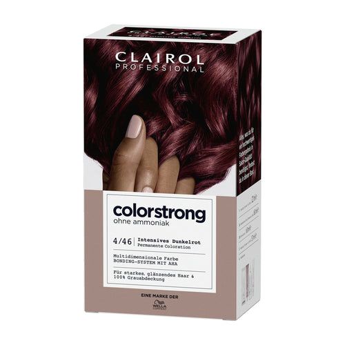 Clairol Professional ColorStrong hair color box with a hand showing dark red hair.