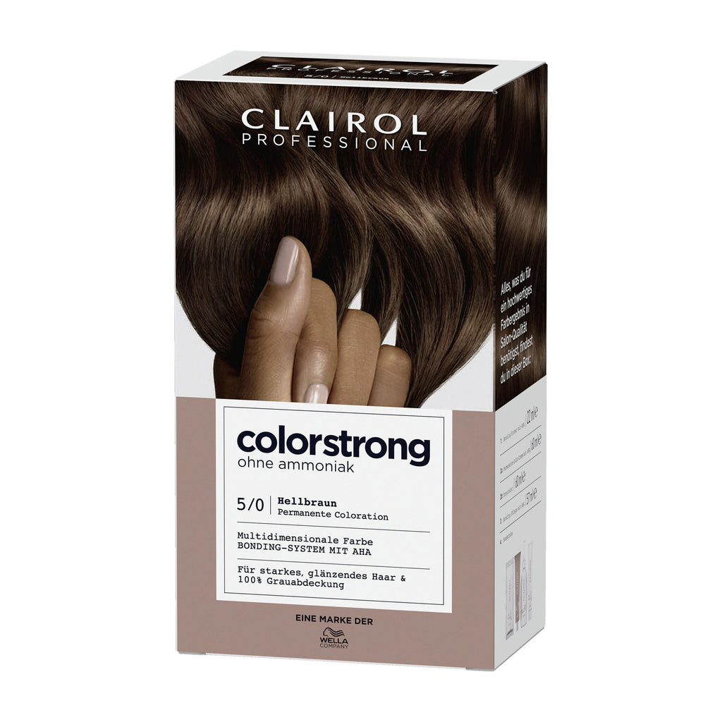 Clairol Professional ColorStrong hair color box with a hand holding light brown hair.