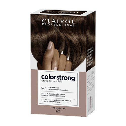 Clairol Professional ColorStrong hair color box with a hand holding light brown hair.