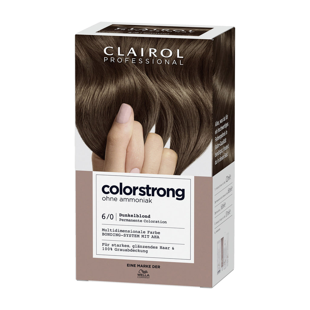 Clairol Professional Colorstrong hair color box with dark blonde hair and hand on a white background