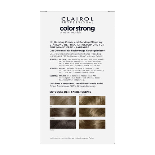 Clairol Professional Colorstrong hair color packaging with medium brown shades on a white background