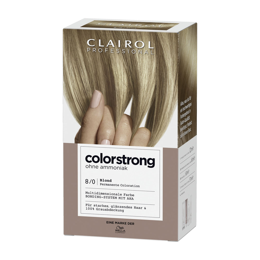 Clairol Professional Colorstrong hair color box with a hand holding blonde hair.