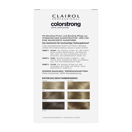 Clairol Colorstrong hair color packaging with color samples on a white background