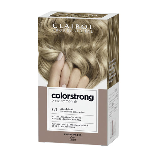 Clairol Colorstrong hair color box with ash blonde hair and hand on a white background