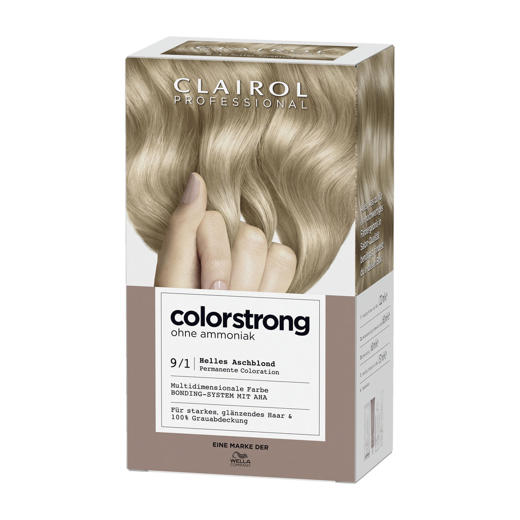 Clairol Professional Colorstrong hair color box with light ash blonde hair and hand on a white background