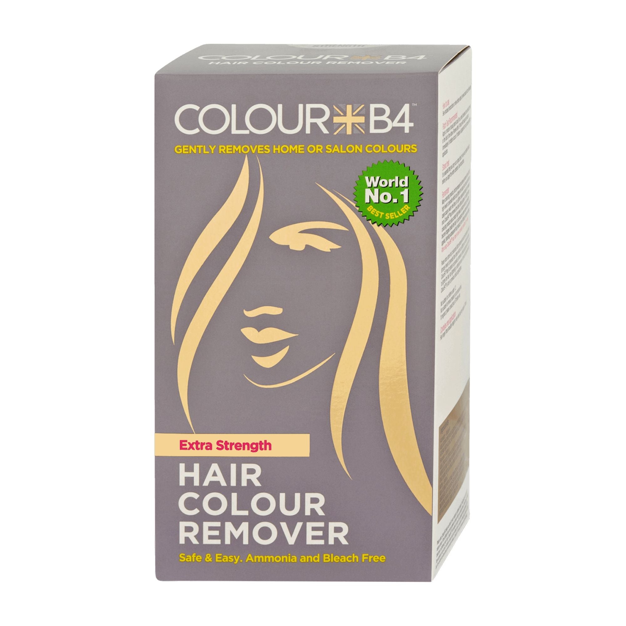 A box of Colour B4 Ultimate Extra Strength Hair Colour Remover with a graphic of a woman's face on the front. The box is gray with gold accents and text.