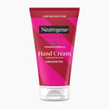 A squeeze tube of Neutrogena Hand Cream, Limited Edition, Unscented. The packaging features a bold geometric pattern of magenta pink and deep red, with white text and a small Norwegian flag logo.