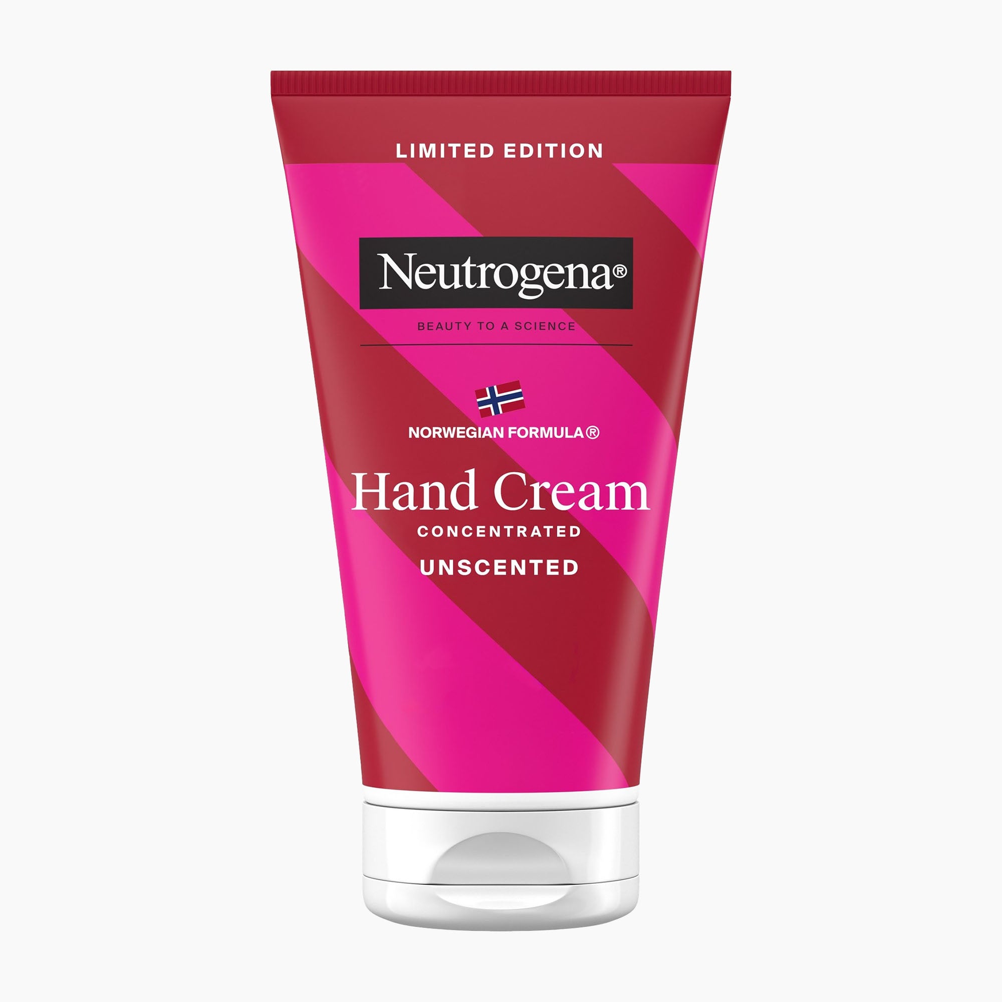 A squeeze tube of Neutrogena Hand Cream, Limited Edition, Unscented. The packaging features a bold geometric pattern of magenta pink and deep red, with white text and a small Norwegian flag logo.
