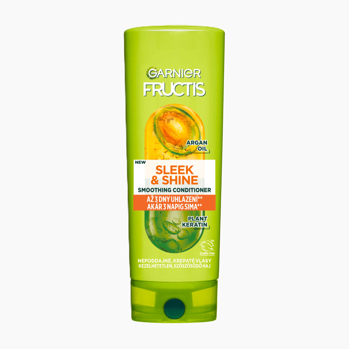 Garnier Fructis Sleek & Shine Conditioner bottle on a light gray background.