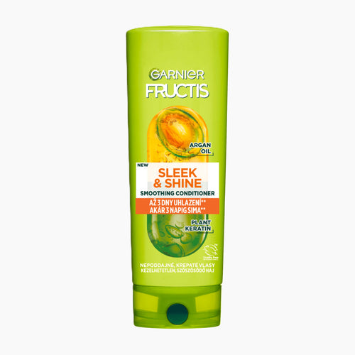 Garnier Fructis Sleek & Shine Conditioner bottle on a light gray background.