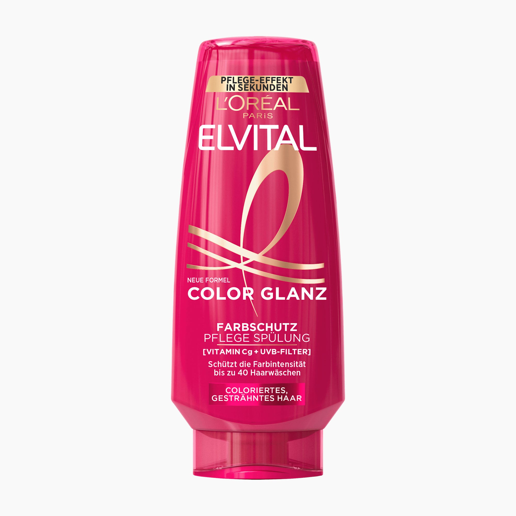 A bottle of L'Oreal Paris Elvital Color Shine hair color protective conditioner, featuring a vibrant magenta pink bottle with gold and white text and graphics, set against a plain white background.