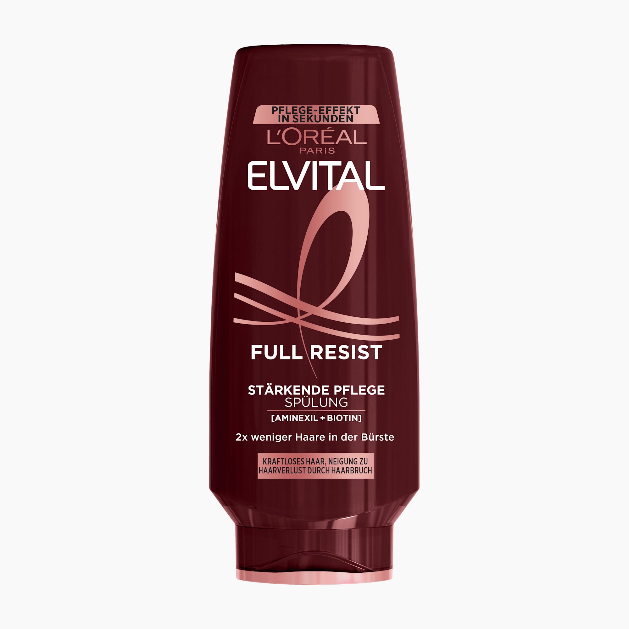A bottle of L'Oréal Paris Elvital Full Resist conditioner in a deep burgundy color with white and pink text and graphics, set against a plain light gray background.