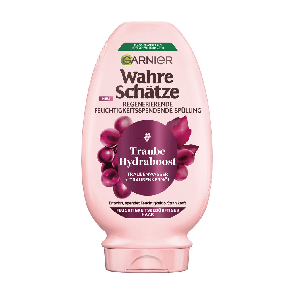 Garnier Wahre Schatze Grape Hydraboost conditioner bottle with purple label on a white background