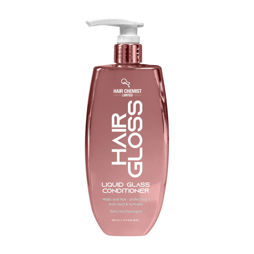Bottle of Hair Chemist Hair Gloss Liquid Glass Conditioner on a white background