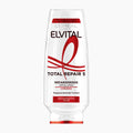 A bottle of L'Oréal Paris Elvital Total Repair 5 conditioner, featuring a white bottle with red and black text and graphics, set against a plain light gray background.