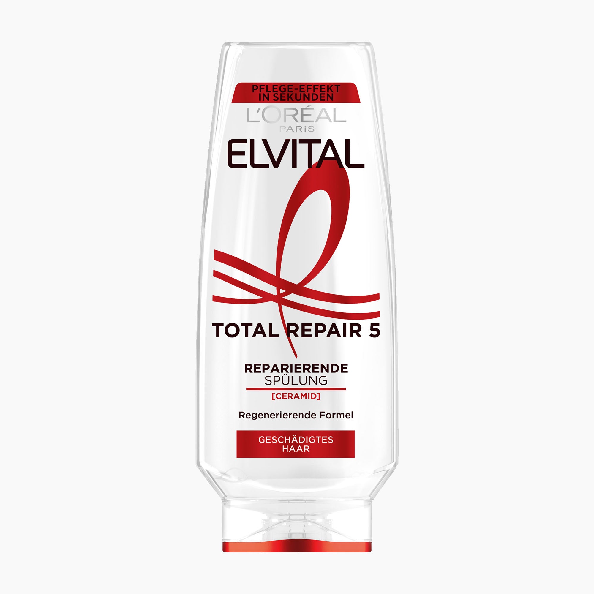 A bottle of L'Oréal Paris Elvital Total Repair 5 conditioner, featuring a white bottle with red and black text and graphics, set against a plain light gray background.