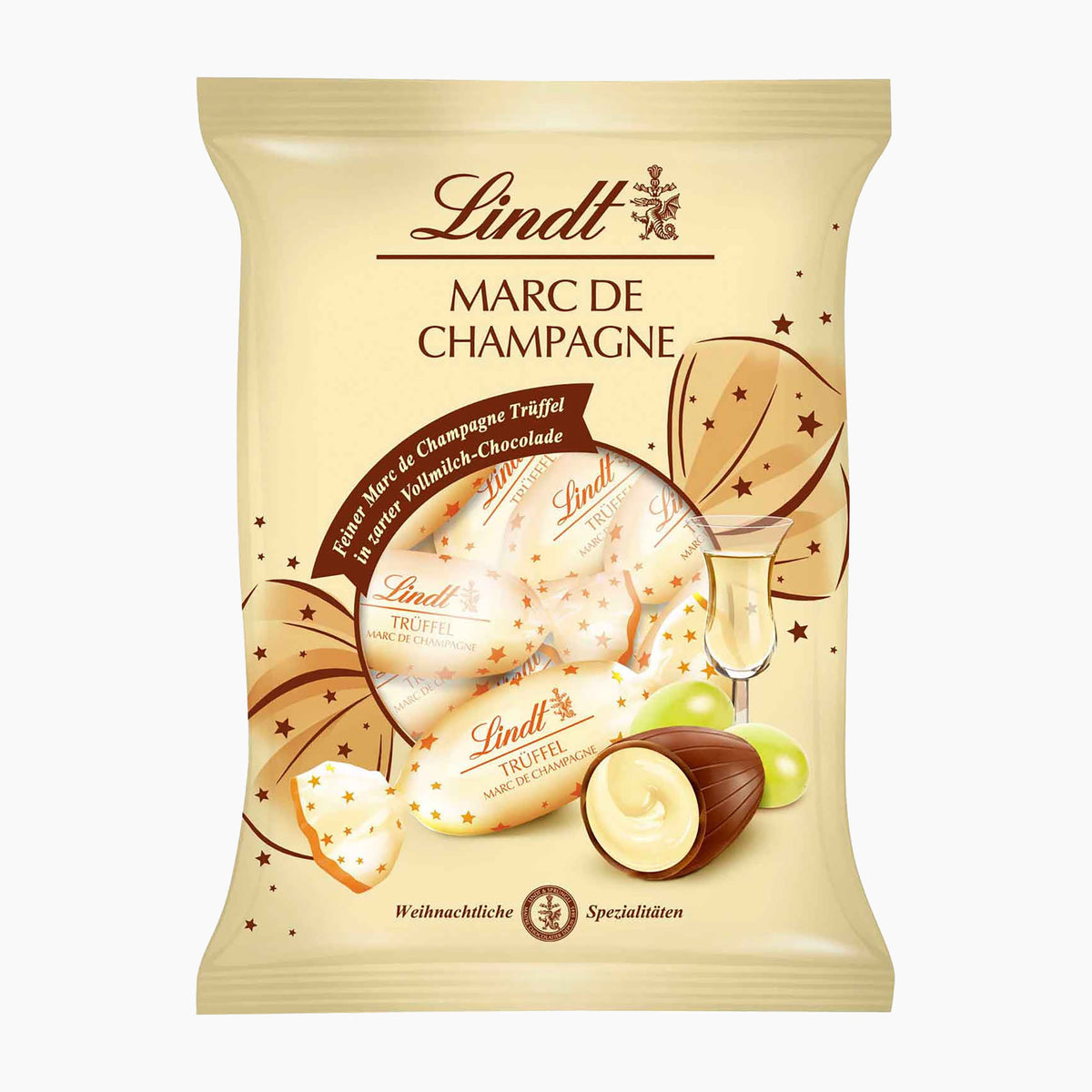 A package of Lindt Marc de Champagne Cones chocolate, featuring a cream-colored bag with elegant brown text and illustrations of chocolate truffles, a champagne glass, and grapes.