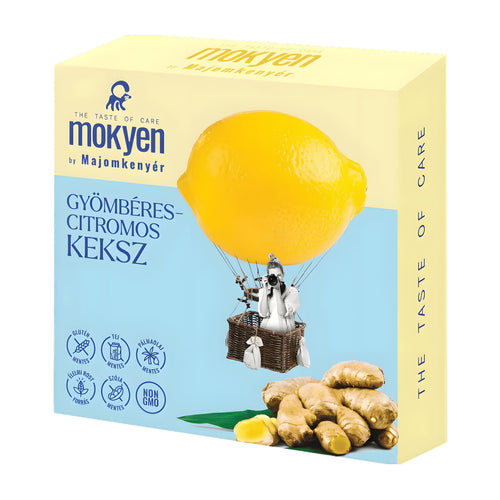 Mokyen ginger lemon cookies packaging with a lemon balloon illustration on a white background