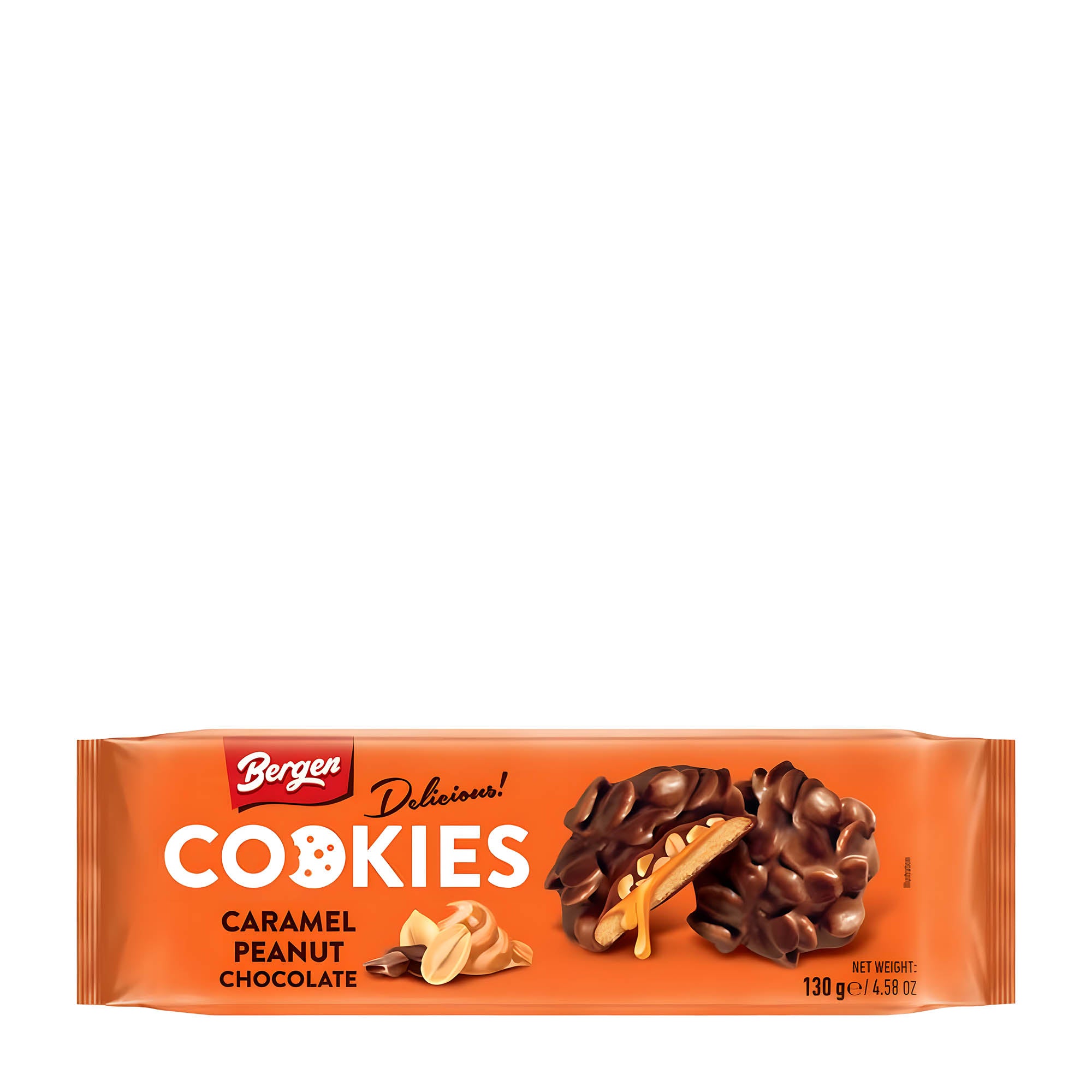 Packaging of Bergen Delicious Cookies caramel peanut chocolate flavor, 130g with a picture of the cookies and peanuts, and text indicating the flavor and weight.