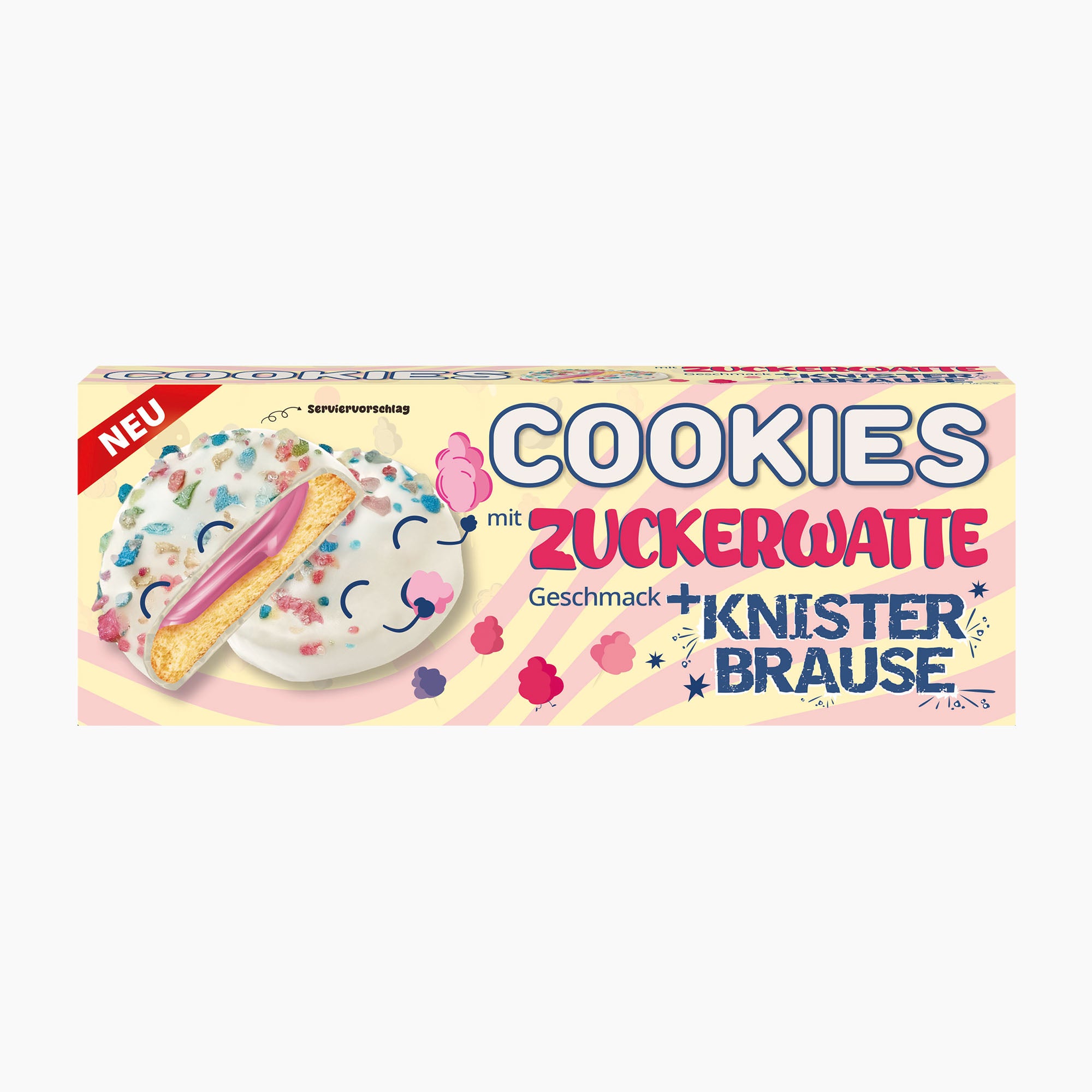 A box of Pico Food Cookies Cotton Candy Flavor with Popping Candy on a plain white background. The packaging features a cartoon illustration of a white sugar cookie with colorful sprinkles, a pink lollipop stick, and playful text.