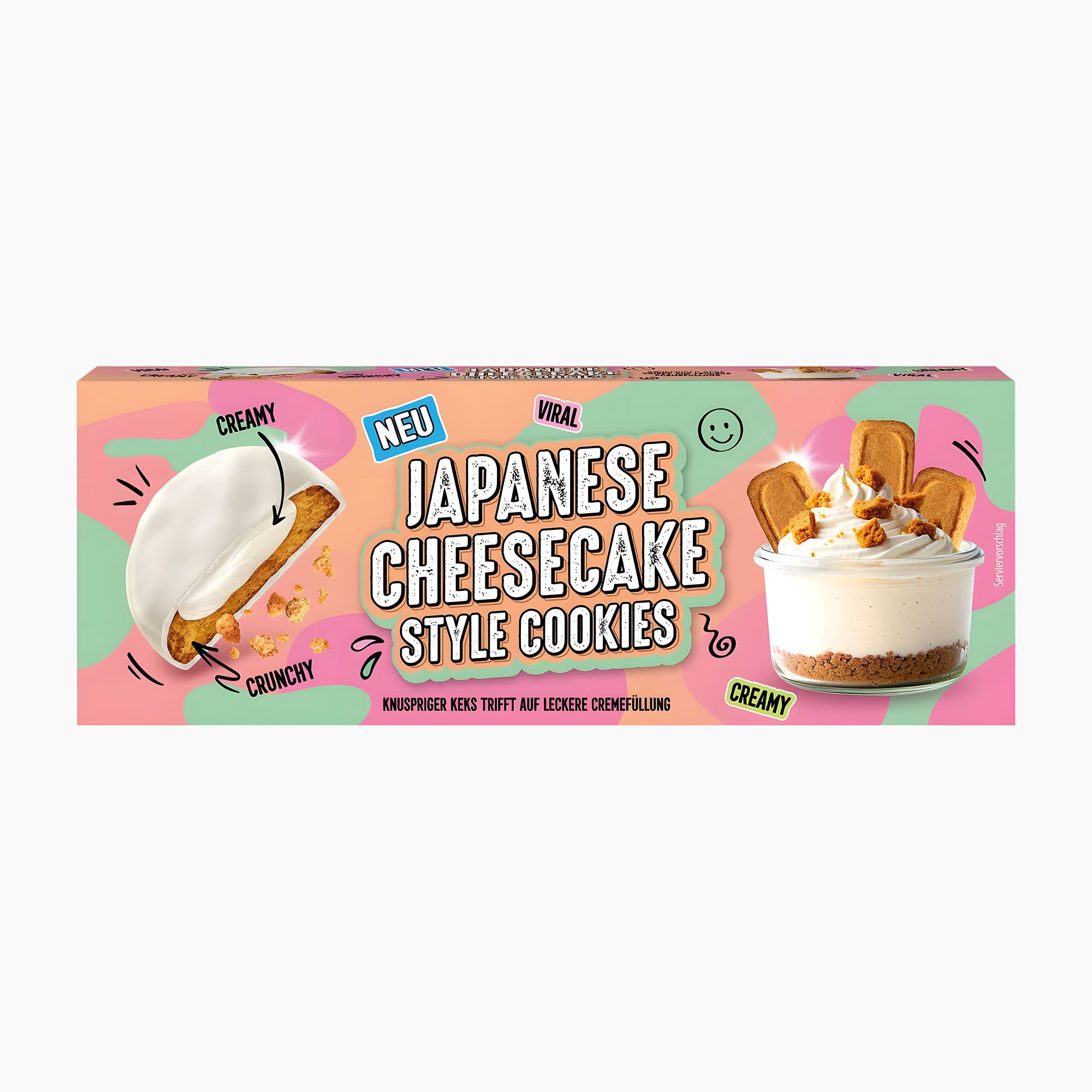A rectangular box of Pico Food Japanese Cheesecake Style Cookies on a plain white background. The packaging features a colorful design with pink, mint green, and orange shapes, showing a cookie dipped in white chocolate and a cheesecake cup topped with whipped cream and cookie pieces.