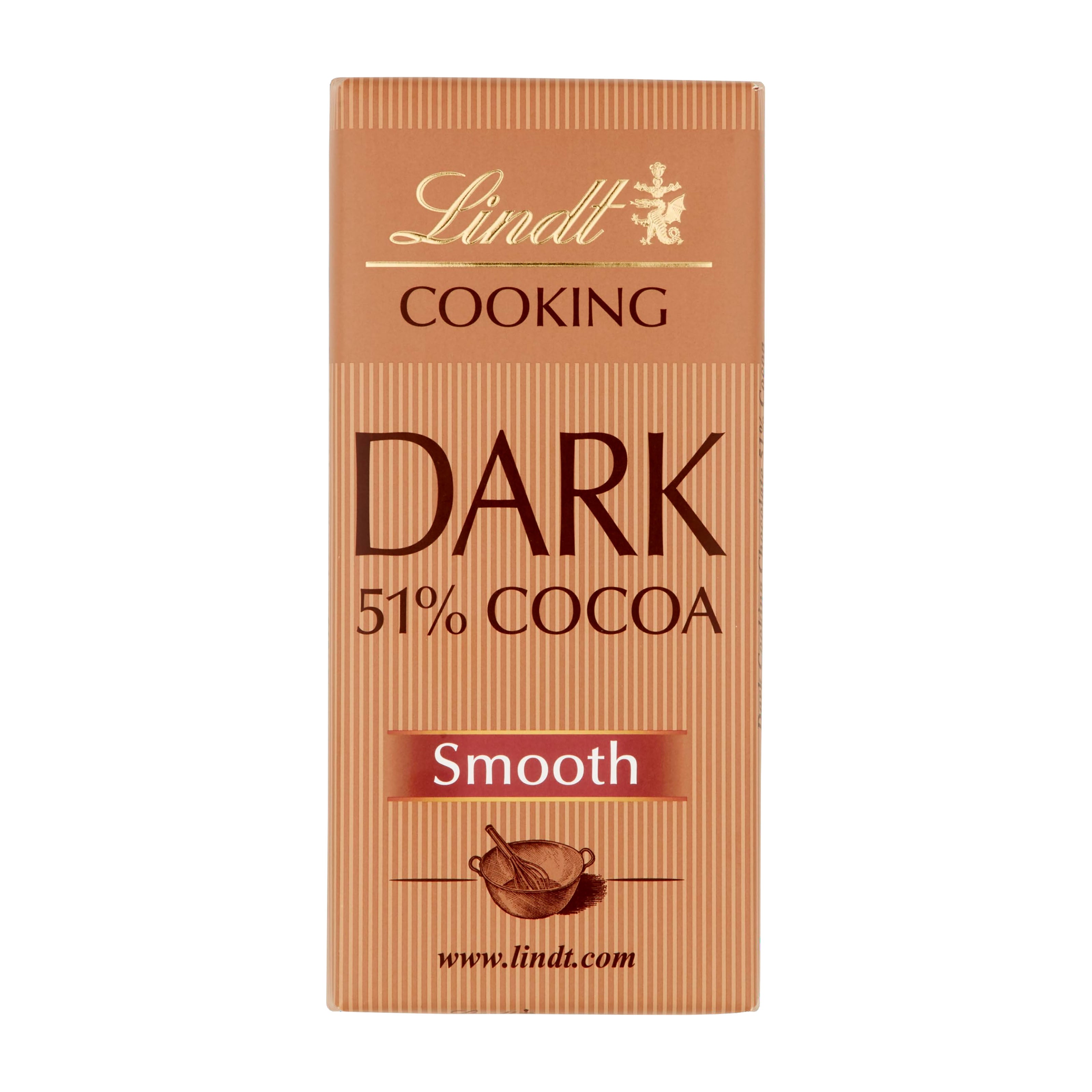 Lindt Cooking Smooth 51% Cocoa Dark Chocolate Bar packaging on a white background.