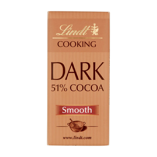 Lindt Cooking Smooth 51% Cocoa Dark Chocolate Bar packaging on a white background.