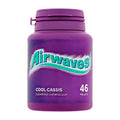 A container of Airwaves Cool Cassis sugar-free chewing gum with 46 pieces inside. The container is purple with the product name and count displayed on the label.