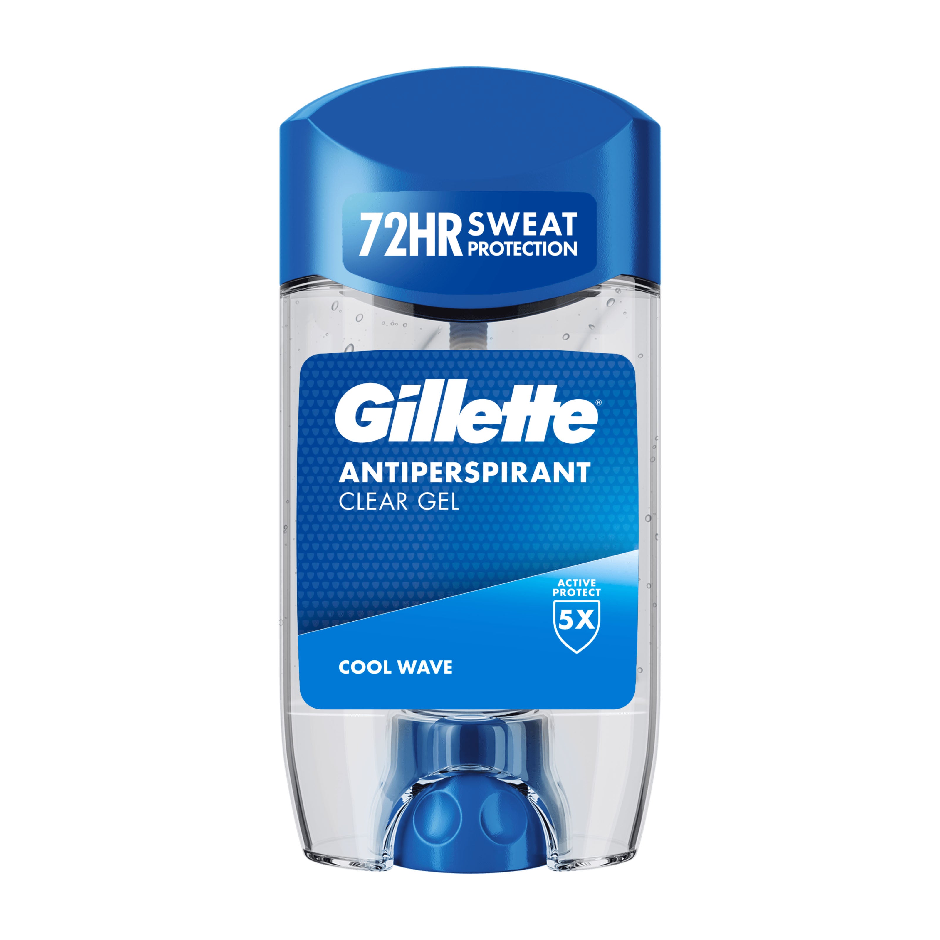 Gillette Cool Wave antiperspirant clear gel stick with blue cap on a white background