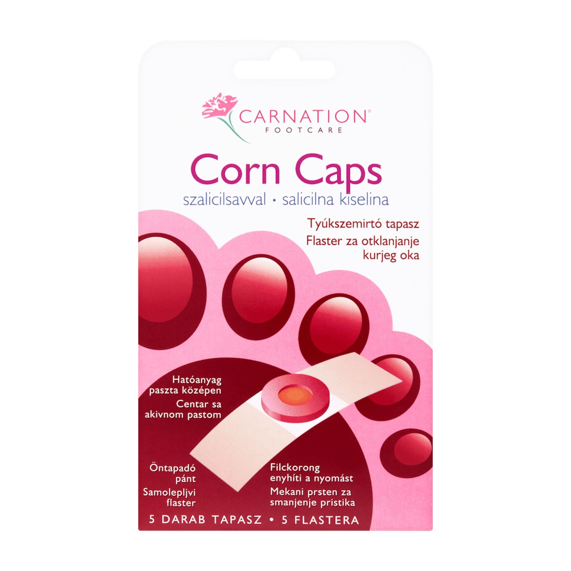 Packaging of Carnation Corn Caps with salicylic acid, featuring illustrations of the corn caps and text detailing product use and contents.