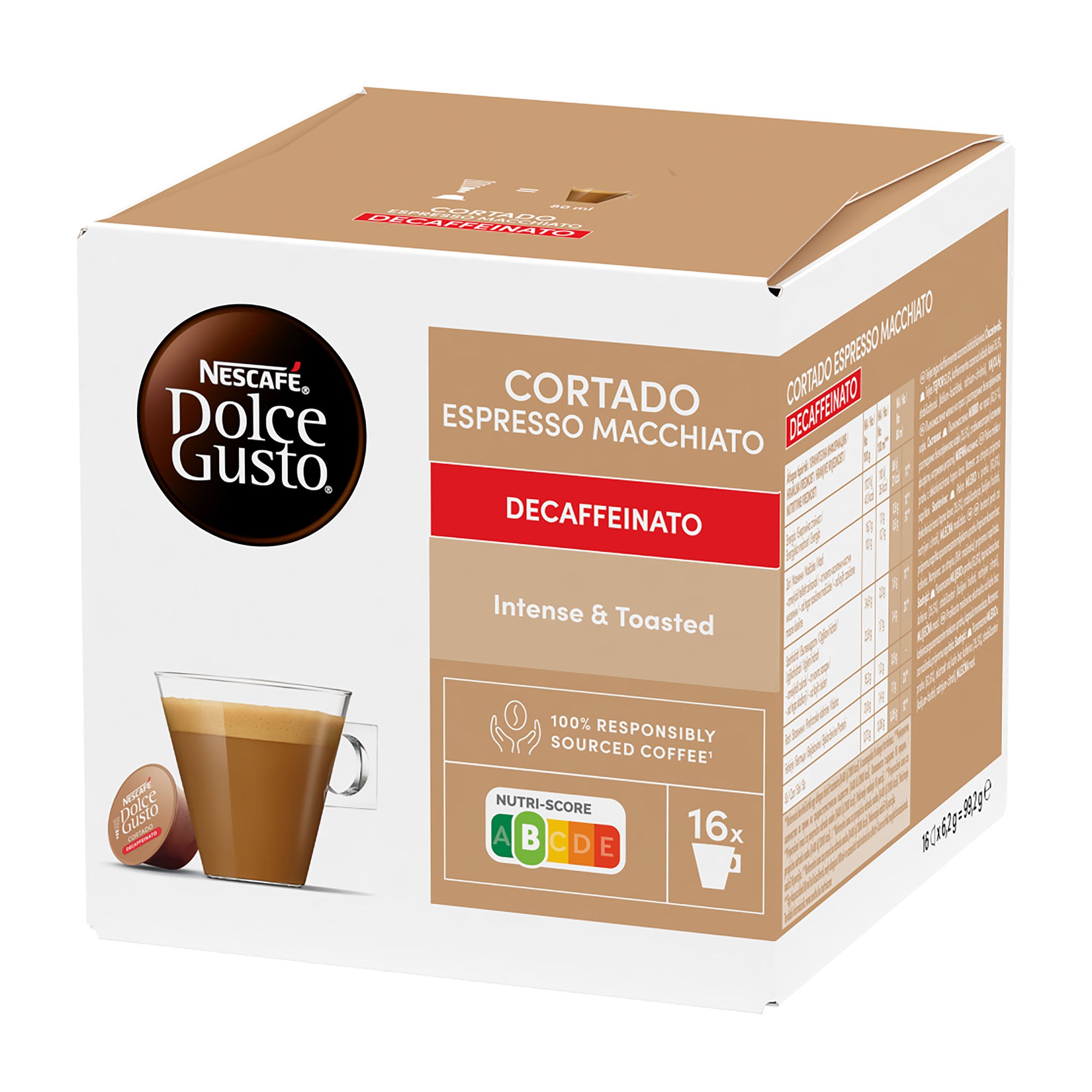 Nescafe Dolce Gusto Cortado Espresso Macchiato decaffeinato coffee capsules, 16 Cups