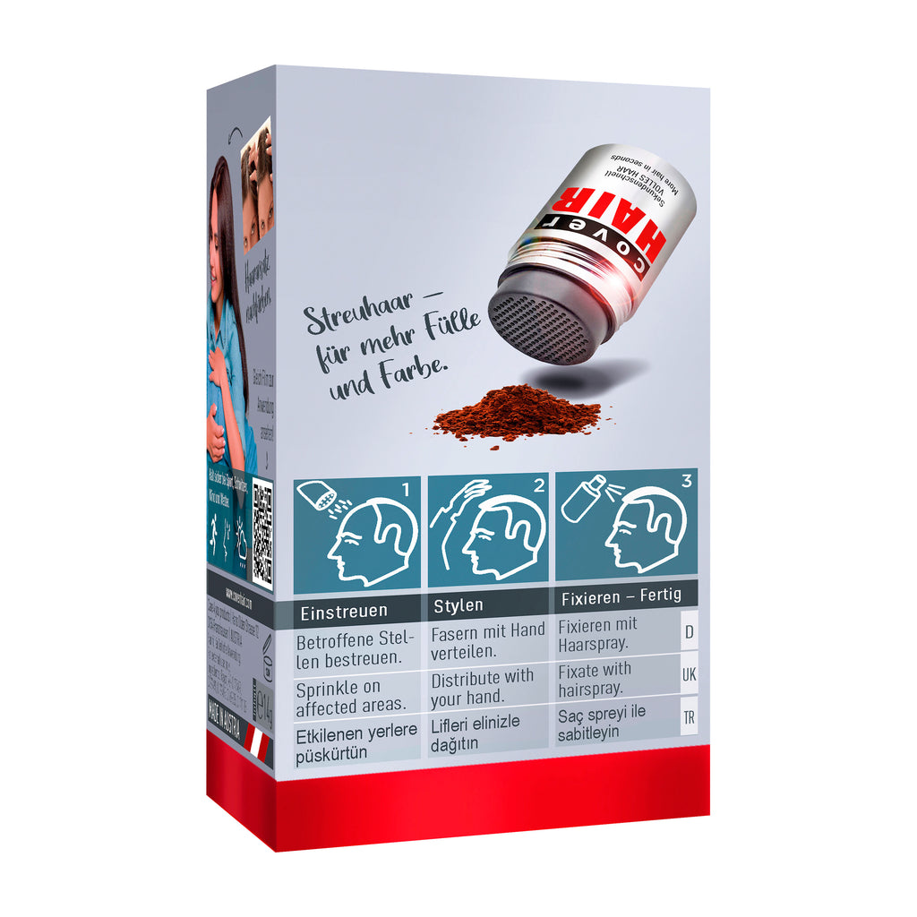 Hair color product packaging with a can and text on a white background