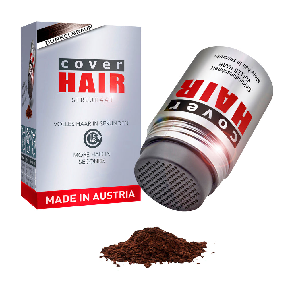 Cover Hair product with packaging and dark brown hair powder on a white background