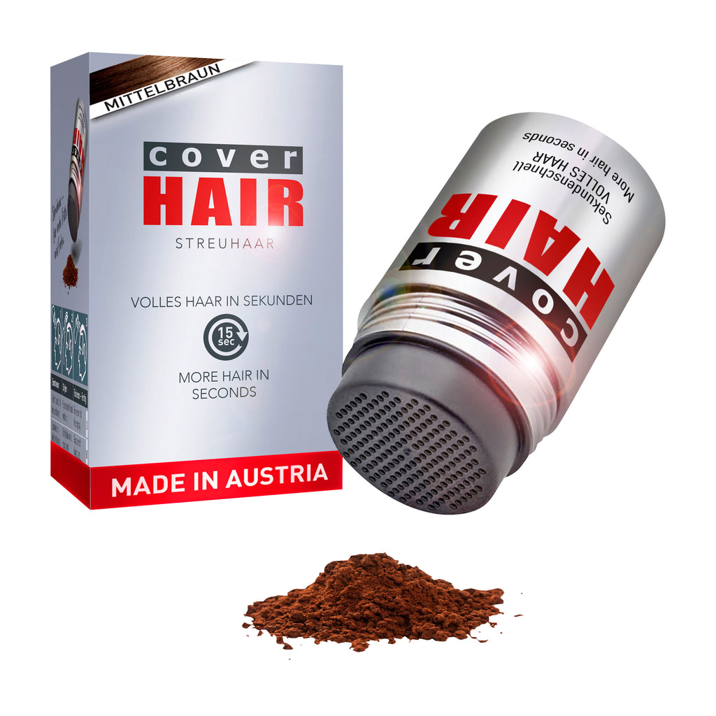 Cover Hair product with packaging and medium brown hair powder on a white background