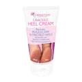 A tube of Carnation Cracked Heel Cream showing the product branding and an image of a foot before and after use, indicating the cream's effectiveness in treating cracked heels.