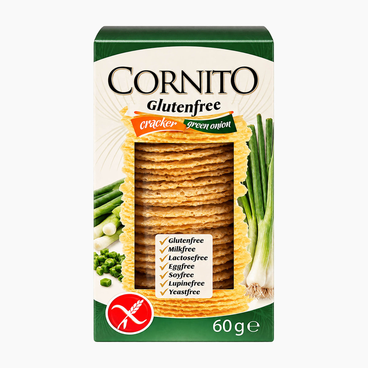 Cornito Green Onion gluten-free crackers packaging on a light gray background.