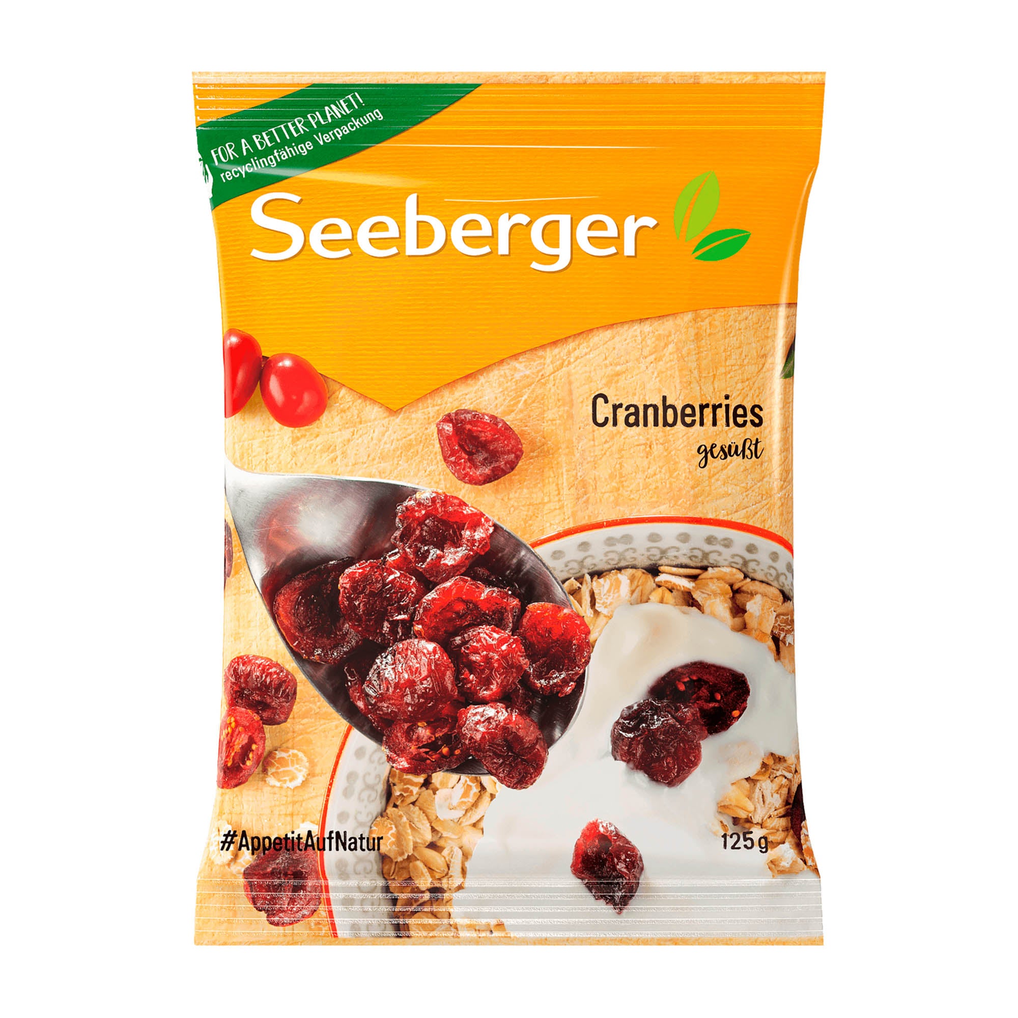 Packaging of Seeberger dried cranberries showing the product name and an image of dried cranberries on a spoon, alongside a bowl of cereal with dried cranberries.